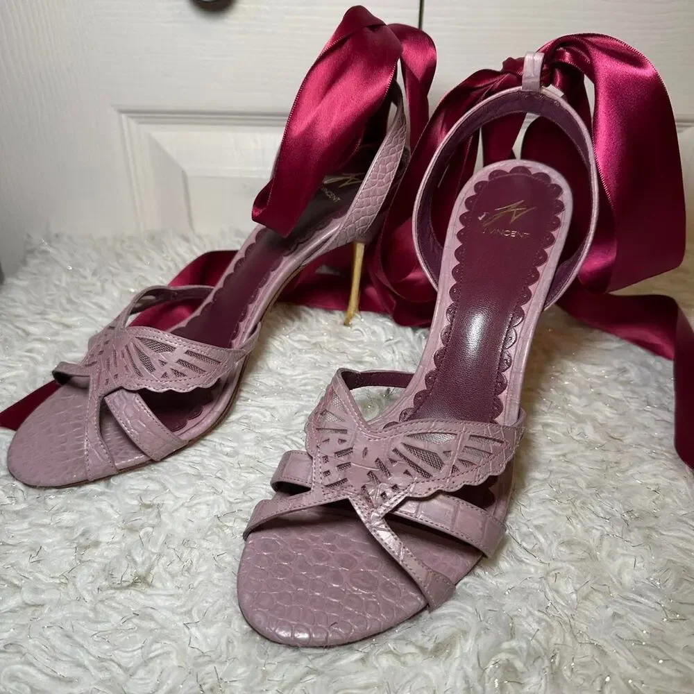 J Vincent Pink Ribbon Heels Butterfly Croc Embossed Y2K Coquette Shoes